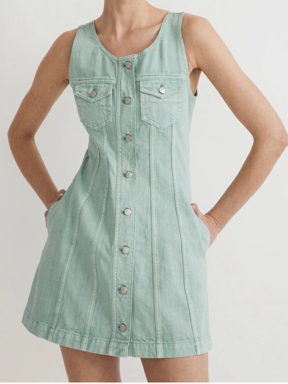 Madewell Sleeveless Mint Green Button-Front Denim Mini Dress Size 12 EUC Cotton - Picture 1 of 11